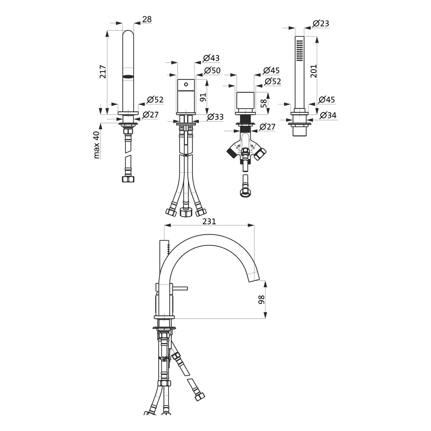 Herzbach DEEP IX Vierloch-Wannenarmatur, Stabhandbrause Edelstahl