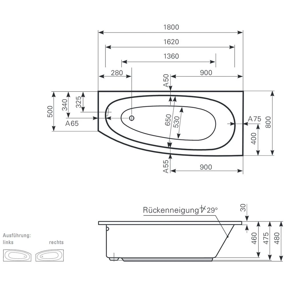 Mauersberger Raumsparbadewanne Bombax 180 Links Mit Design-Badewannenverkleidung 1-seitig