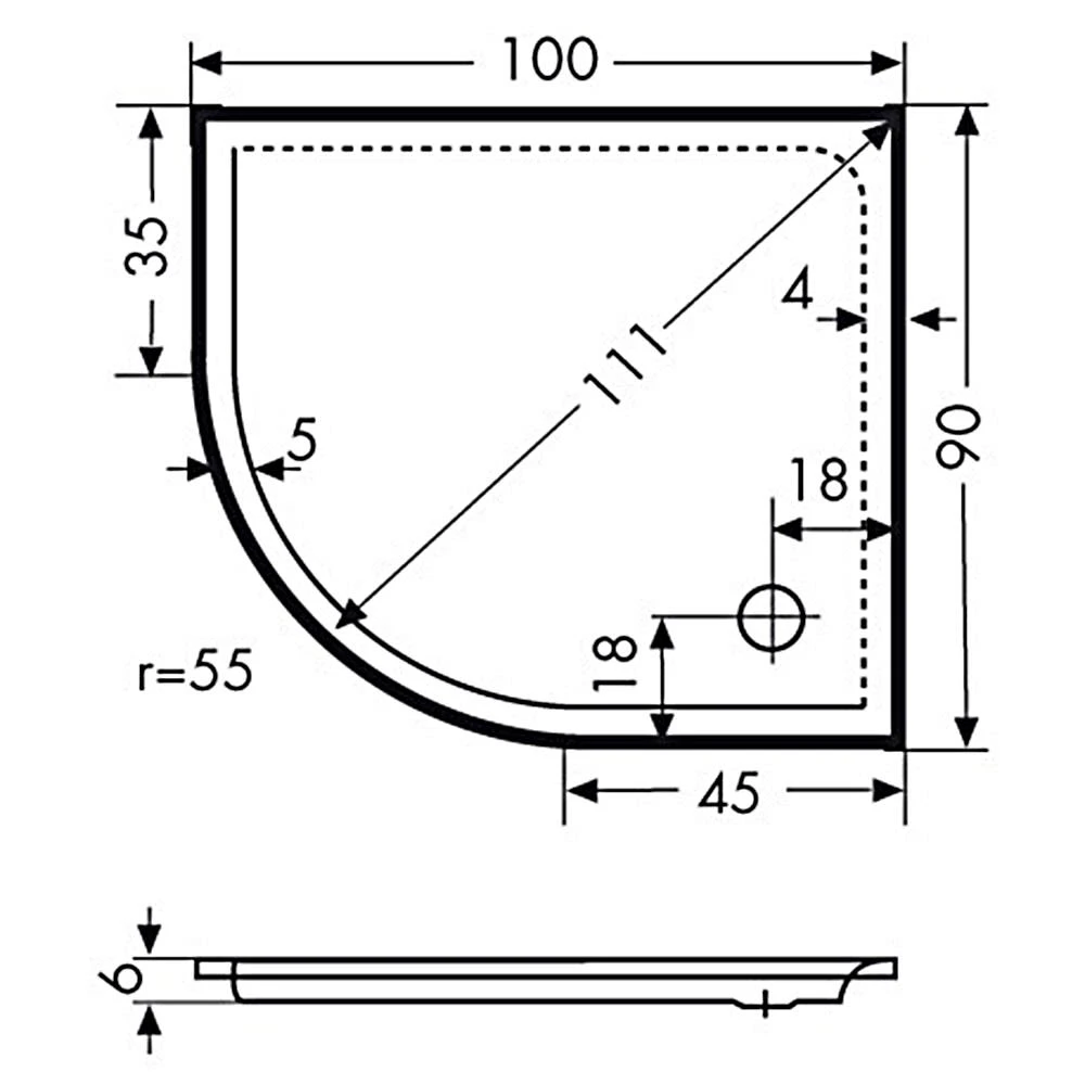 Polypex Lagune Viertelkreis-Duschwanne 100 X 90 Cm, Rechts