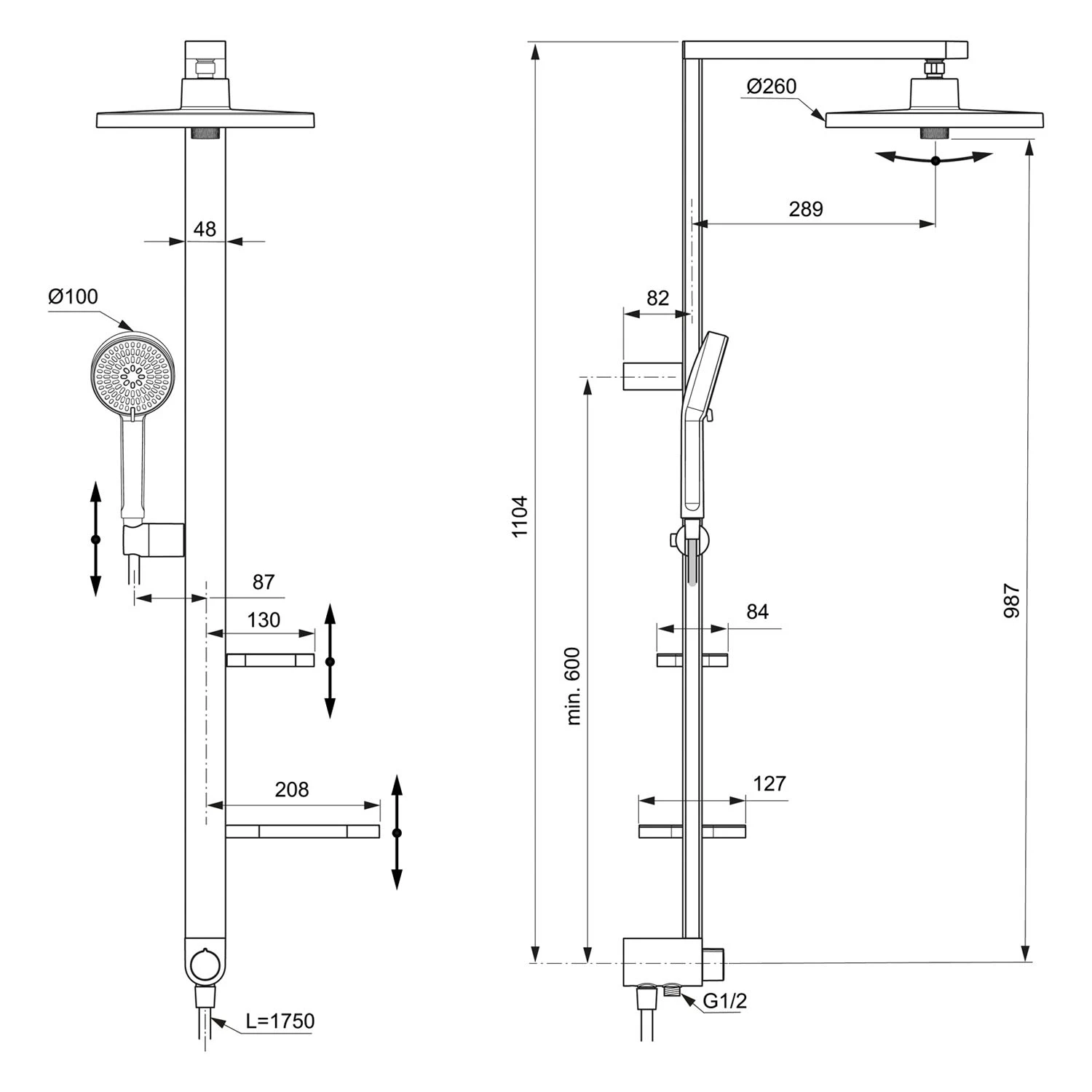 Ideal Standard Alu+ Duschsystem Ohne Armatur, Mit 2 Ablagen, 2-Funktions-Handbrause Und 2-Funktions-Kopfbrause – Bild 3