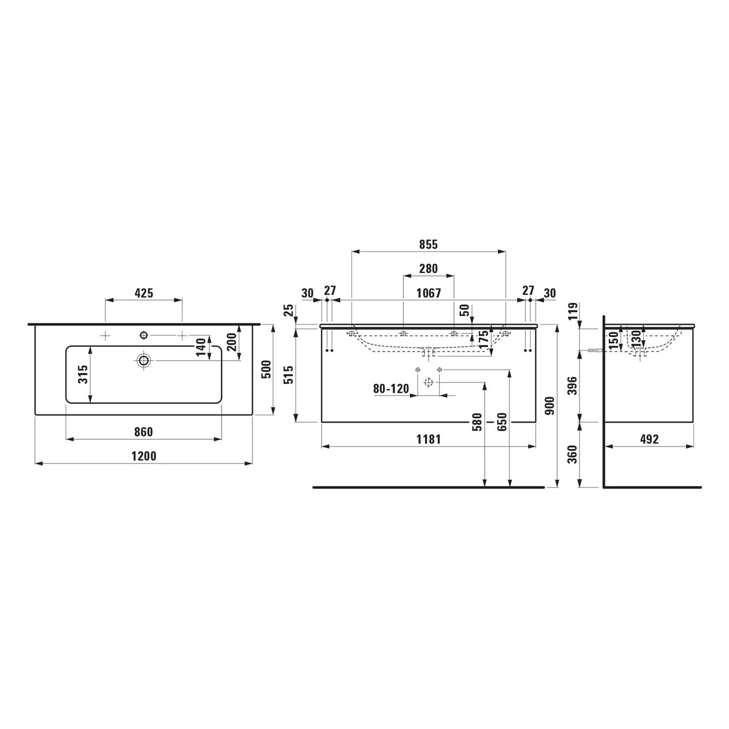 LAUFEN PRO Set LANI Waschtish Mit Überlauf Und 1 Hahnloch, Inkl. Waschtischunterbau 120 Cm