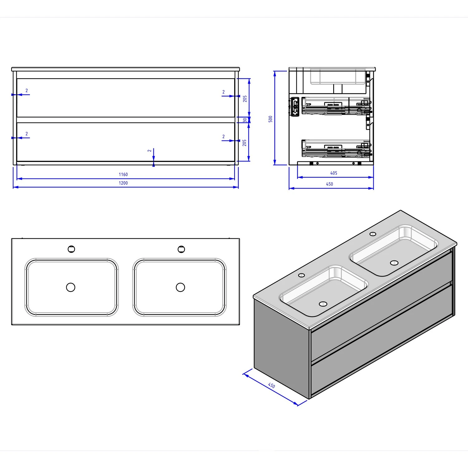 Loft Waschtisch Mit Unterschrank 120 Cm, 2 Auszüge – Bild 4